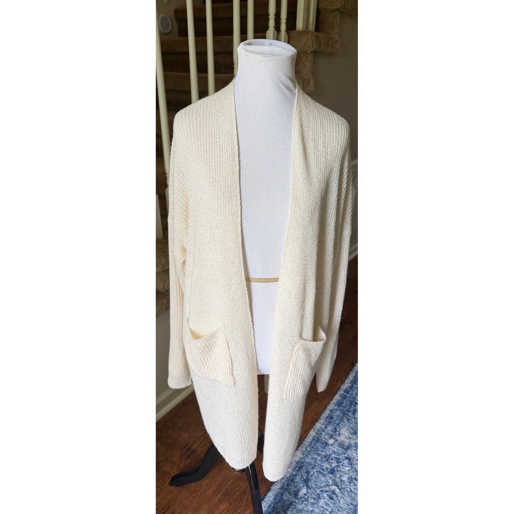 Fantastic Fawn Cream Open Front Knit Cardigan Sweater with Pockets Large